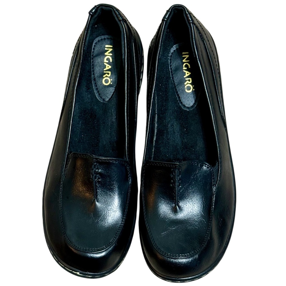 Ingaro Womens Size-10M Black‎ Leather Slip On Loafers Low Wedge Comfort Shoes